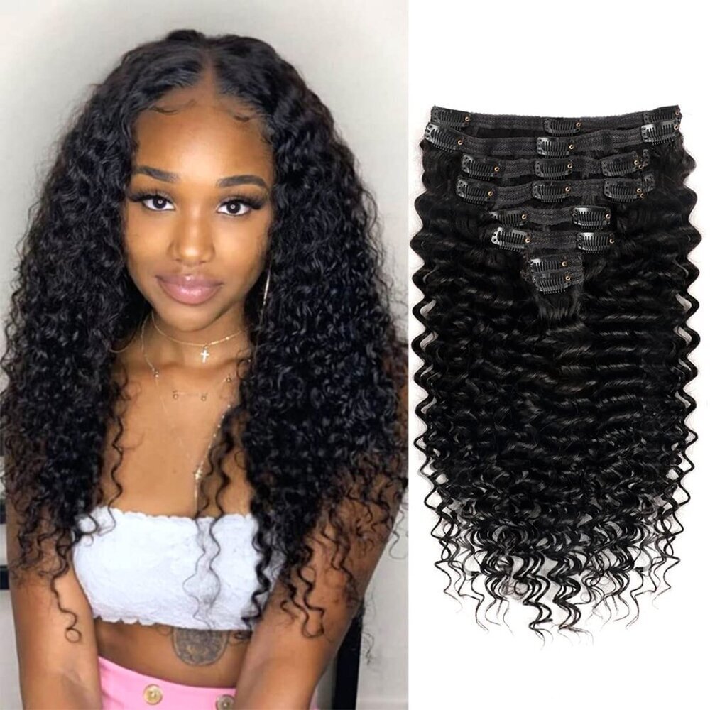 Deep Wave Clip in Hair Extensions Human Hair 20 Inch Natural Black Remy